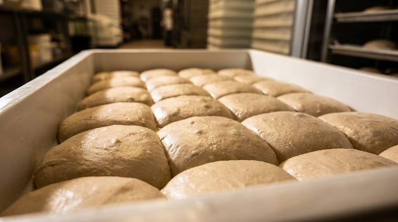 Rows of rising dough portions in a white tray, ready for baking.