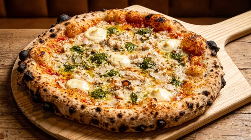 Neapolitan pizza with pesto, white sauce, and chicken on a wooden peel.