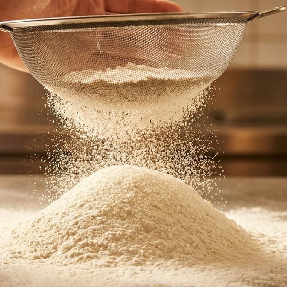 A hand sifts white flour through a metal sieve onto a pile on a counter.