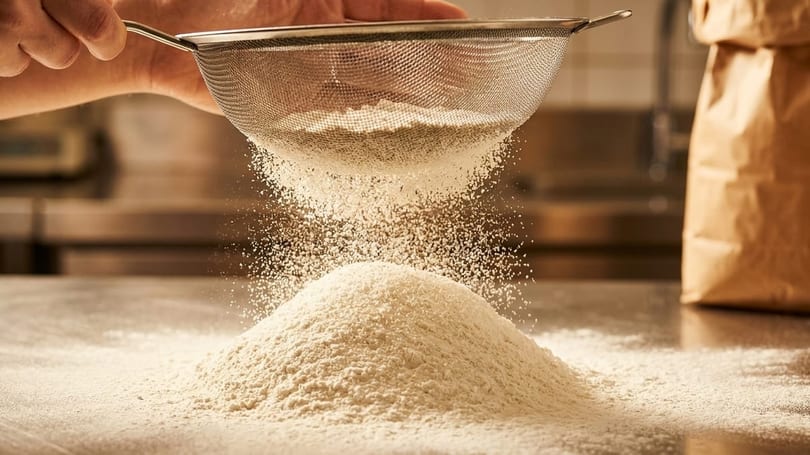 A hand sifts white flour through a metal sieve onto a pile on a counter.